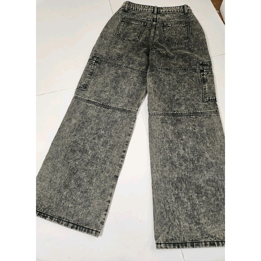 Love Cult Womens Wide Leg Cargo Black Acid Wash Size Small Baggy Denim Y2K - Picture 6 of 10